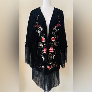 Reba Black Floral Embroidered Cape with Fringe